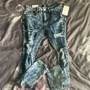 high rise blue jeans